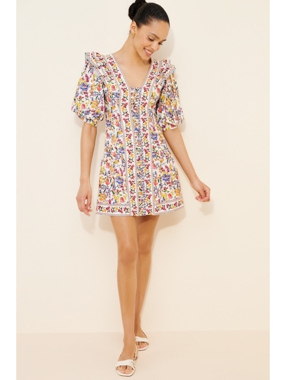 FARM RIO Anthropologie Greek Garden Puff Sleeve Mini Dress